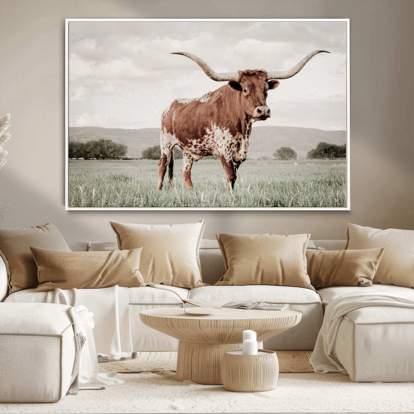 28309012-MGV-CV-36X24-Texas Longhorn Wall Art Canvas Print, Framed Spotted Cattle Art Picture Print, Horned Bull Perfect Rustic Western Decor Artwork