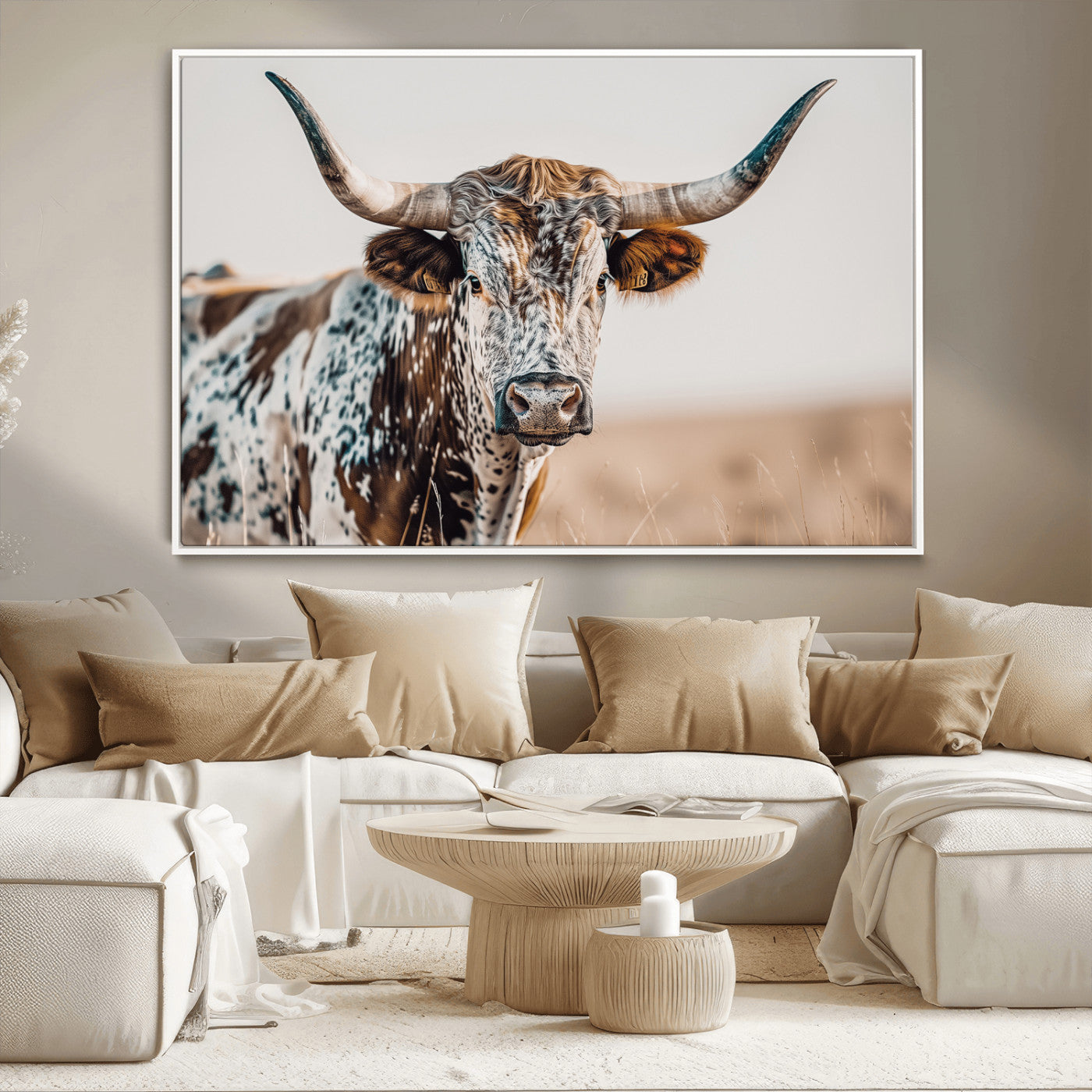 70414966-MGV-CV-36X24-Texas Longhorn Wall Art Canvas Print, Framed Speckled Cow Art Picture Print, Horned Bull Perfect Rustic Western Decor Artwork