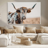 70414966-MGV-CV-36X24-Texas Longhorn Wall Art Canvas Print, Framed Speckled Cow Art Picture Print, Horned Bull Perfect Rustic Western Decor Artwork
