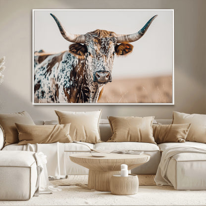 70414966-MGV-CV-36X24-Texas Longhorn Wall Art Canvas Print, Framed Speckled Cow Art Picture Print, Horned Bull Perfect Rustic Western Decor Artwork