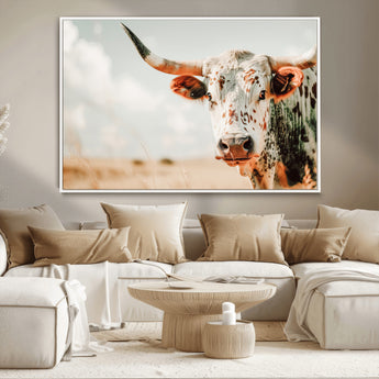 72766375-MGV-CV-36X24-Texas Longhorn Wall Art Canvas Print, Framed Spotted Cow Art Picture Print, Horned Cattle Perfect Rustic Western Decor Artwork