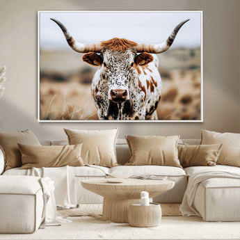 76294381-MGV-FC-36X24_White-Texas Longhorn Wall Art Canvas Print, Framed Spotted Cow Art Picture Print, Horned Cattle Perfect Rustic Western Decor Artwork