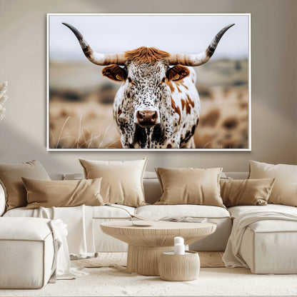 76294381-MGV-FC-36X24_White-Texas Longhorn Wall Art Canvas Print, Framed Spotted Cow Art Picture Print, Horned Cattle Perfect Rustic Western Decor Artwork