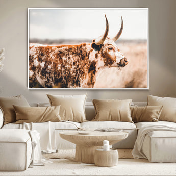 11528295-MGV-CV-36X24-Speckled Longhorn Wall Art Canvas Print, Framed Texas Cattle Art Picture Print, Horned Cow Perfect Rustic Western Decor Artwork