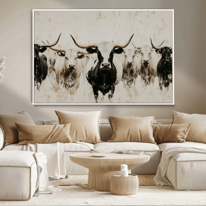 12027562-MGV-CV-36X24-Longhorn Cattle Wall Art Canvas Print, Framed Bison Herd Art Picture Print, Cattle Group Perfect Rustic Farmhouse Decor Artwork