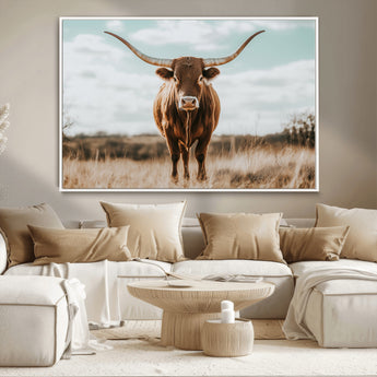 39350715-MGV-CV-36X24-Texas Longhorn Wall Art Canvas Print, Framed Longhorn Cow Art Picture Print, Western Cattle Perfect Rustic Western Decor Artwork