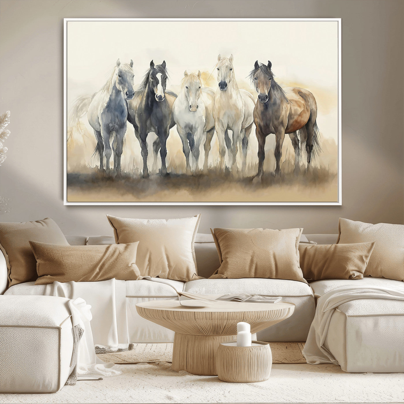 11177620-MGV-CV-36X24-Wild Horses Wall Art Canvas Print, Framed Running Horses Art Picture Print, Watercolor Horses Perfect Rustic Western Decor Artwork