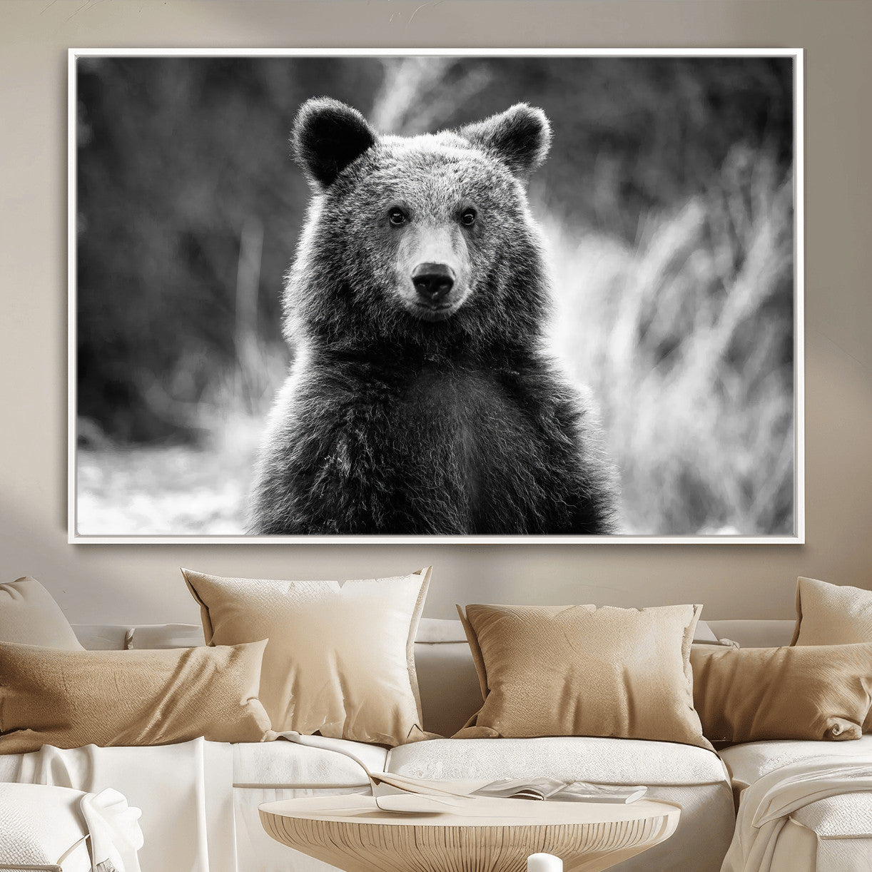 MGV-FC-36X24 - Grizzly Bear Wall Art Canvas Print, Framed Black White Bear Art Picture Print, Wild Bear Perfect Rustic Wildlife Decor Artwork