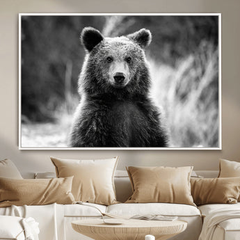MGV-FC-36X24 - Grizzly Bear Wall Art Canvas Print, Framed Black White Bear Art Picture Print, Wild Bear Perfect Rustic Wildlife Decor Artwork