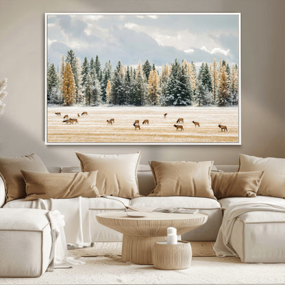 64188182-MGV-CV-36X24-Elk Herd Wall Art Canvas Print, Framed Snowy Forest Art Picture Print, Forest Elks Perfect Neutral Rustic Decor Artwork
