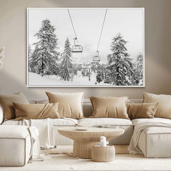 55003599-MGV-CV-36X24-Snowy Ski Lift Wall Art Canvas Print, Framed Winter Forest Art Picture Print, Ski lift Ride Perfect Winter Lodge Decor Artwork
