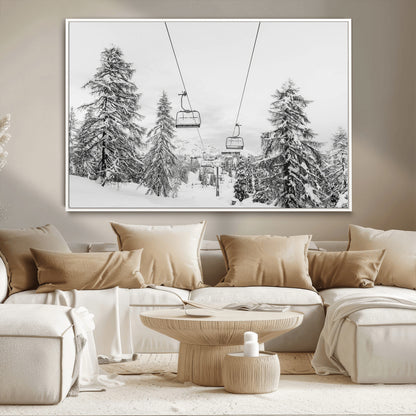 55003599-MGV-CV-36X24-Snowy Ski Lift Wall Art Canvas Print, Framed Winter Forest Art Picture Print, Ski lift Ride Perfect Winter Lodge Decor Artwork