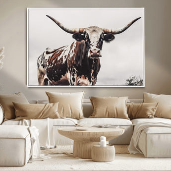 95249234-MGV-CV-36X24-Texas Longhorn Wall Art Canvas Print, Framed Spotted Bull Art Picture Print, Horned Cattle Perfect Rustic Farmhouse Decor Artwork