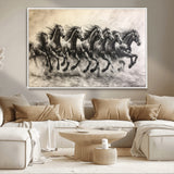 56089591-MGV-CV-36X24-Galloping Horses Wall Art Canvas Print, Framed Wild Stallions Art Picture Print, Horse Herd Sketch Perfect Monochrome Dynamic