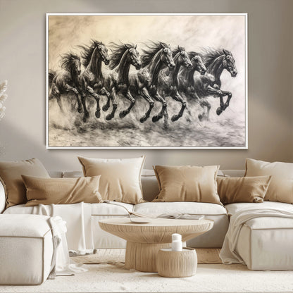 56089591-MGV-CV-36X24-Galloping Horses Wall Art Canvas Print, Framed Wild Stallions Art Picture Print, Horse Herd Sketch Perfect Monochrome Dynamic