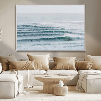 73969318-MGV-CV-36X24-Ocean Waves Wall Art Canvas Print, Framed Surfer Lineup Art Picture Print, Crowded Ocean Perfect Minimal Coastal Decor Artwork