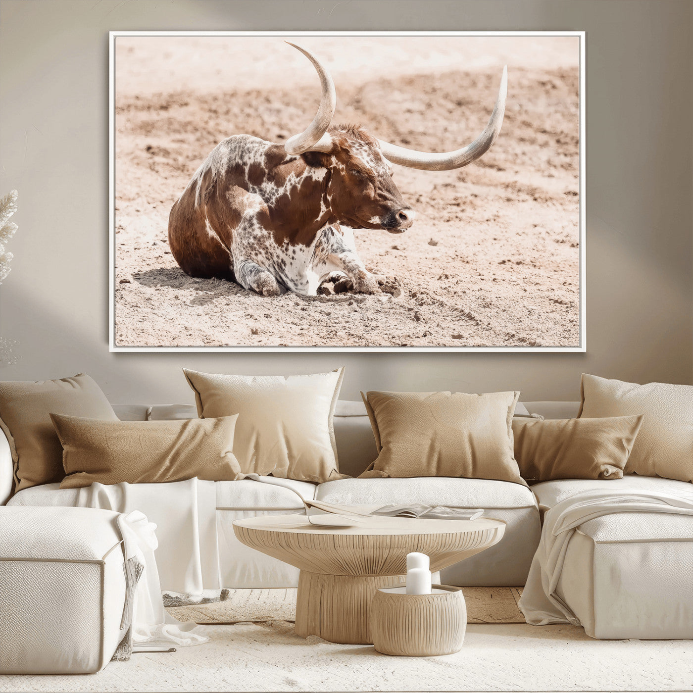 25407592-MGV-CV-36X24-Texas Longhorn Wall Art Canvas Print, Framed Resting Bull Art Picture Print, Spotted Cattle Perfect Rustic Western Decor Artwork