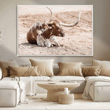 25407592-MGV-CV-36X24-Texas Longhorn Wall Art Canvas Print, Framed Resting Bull Art Picture Print, Spotted Cattle Perfect Rustic Western Decor Artwork