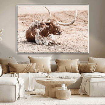 25407592-MGV-CV-36X24-Texas Longhorn Wall Art Canvas Print, Framed Resting Bull Art Picture Print, Spotted Cattle Perfect Rustic Western Decor Artwork
