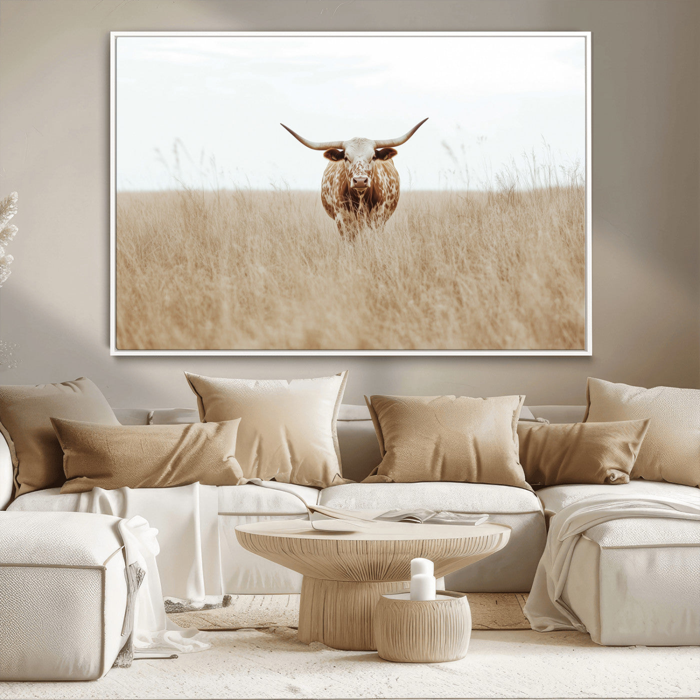 20927060-MGV-CV-36X24-Texas Longhorn Wall Art Canvas Print, Framed Lone Cattle Art Picture Print, Longhorn Bull Perfect Rustic Western Decor Artwork