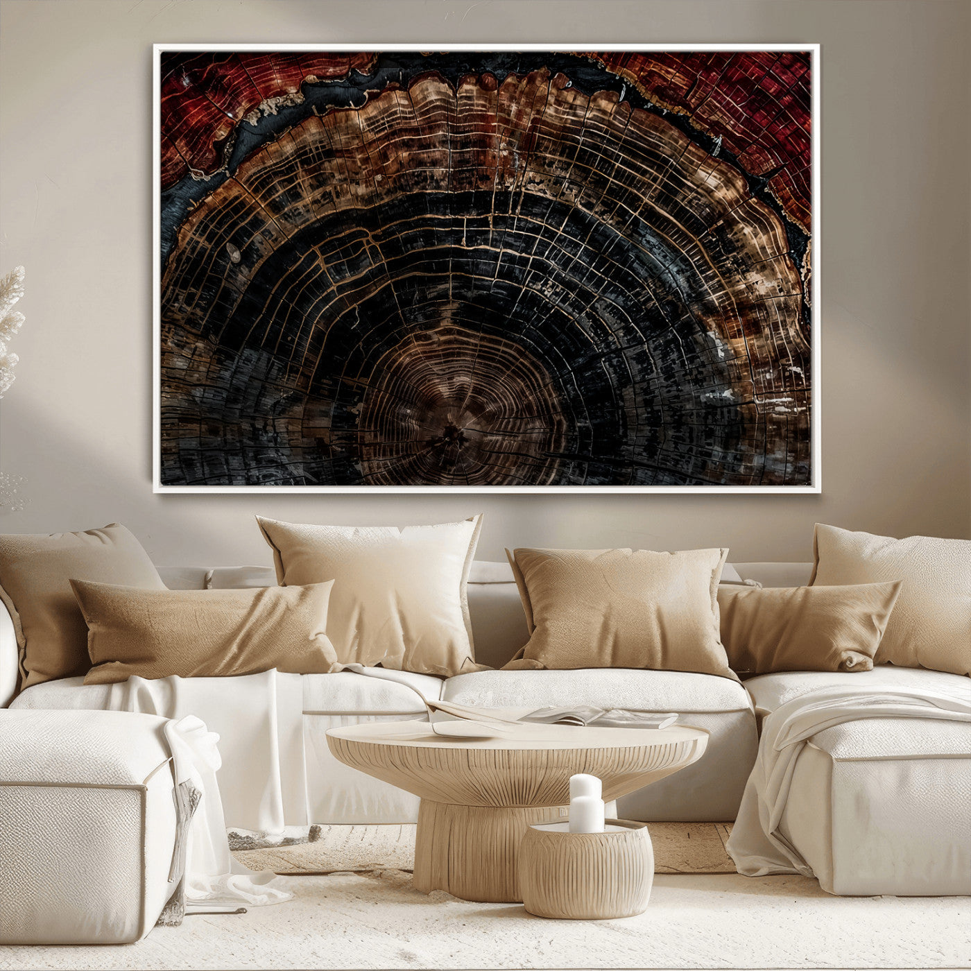 43686762-MGV-CV-36X24-Dark Wood Ring Wall Art Canvas Print, Framed Abstract Wood Tree Art Picture Print, Rustic Tree Slice Perfect Rustic Decor Artwork