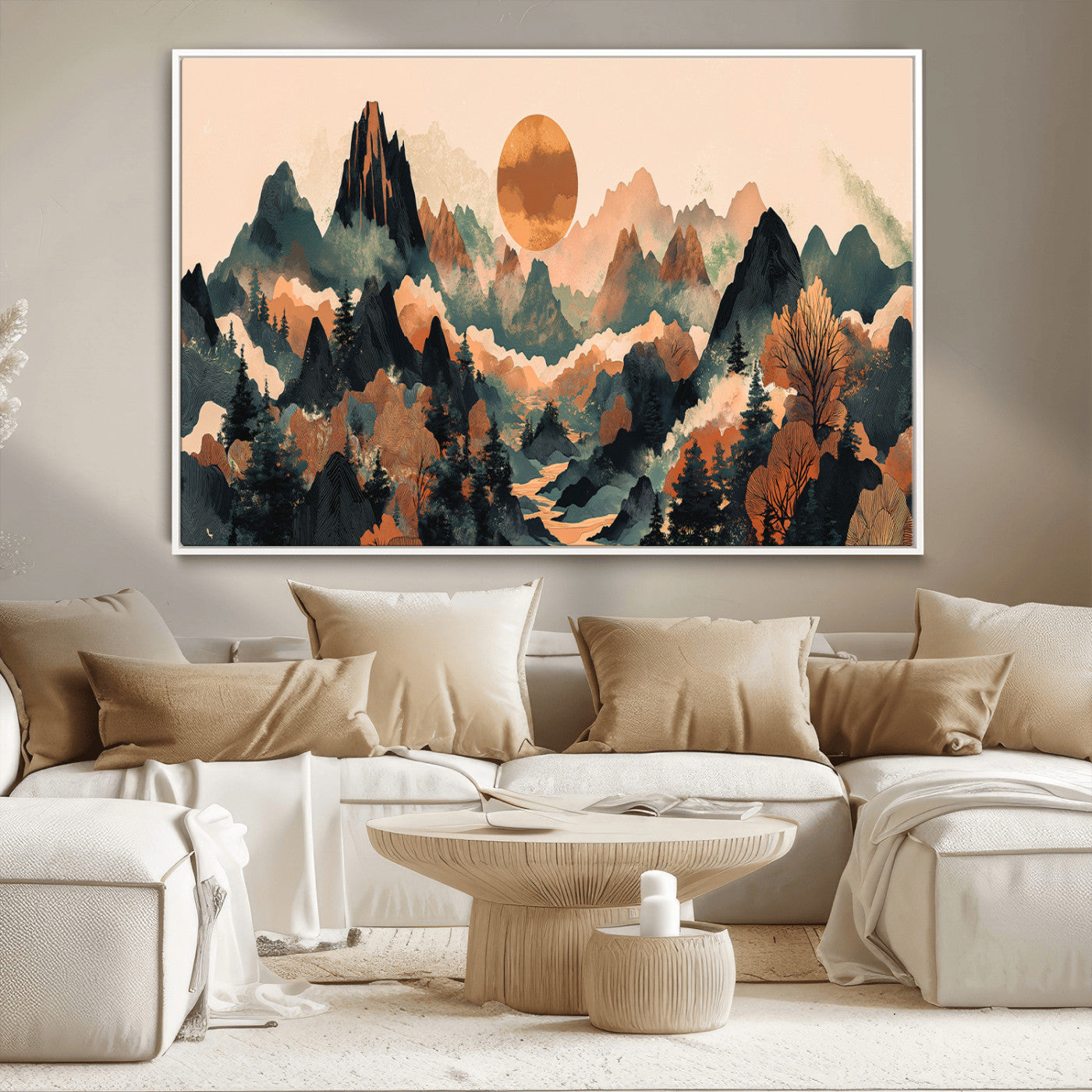 13012770-MGV-CV-36X24-Mountain Landscape Wall Art – Modern Nature Canvas Print with Sun, Misty Peaks, and Forest in Orange and Green Tones for Living