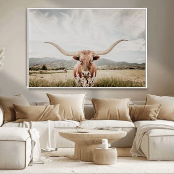 80054319-MGV-CV-36X24-Texas Longhorn Wall Art Canvas Print, Framed Western Cow Art Picture Print, Rustic Farmhouse Perfect Farmhouse Decor Artwork