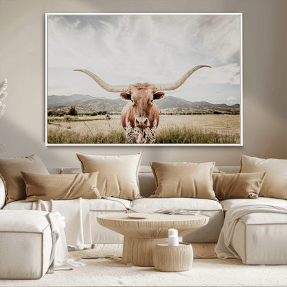 80054319-MGV-CV-36X24-Texas Longhorn Wall Art Canvas Print, Framed Western Cow Art Picture Print, Rustic Farmhouse Perfect Farmhouse Decor Artwork