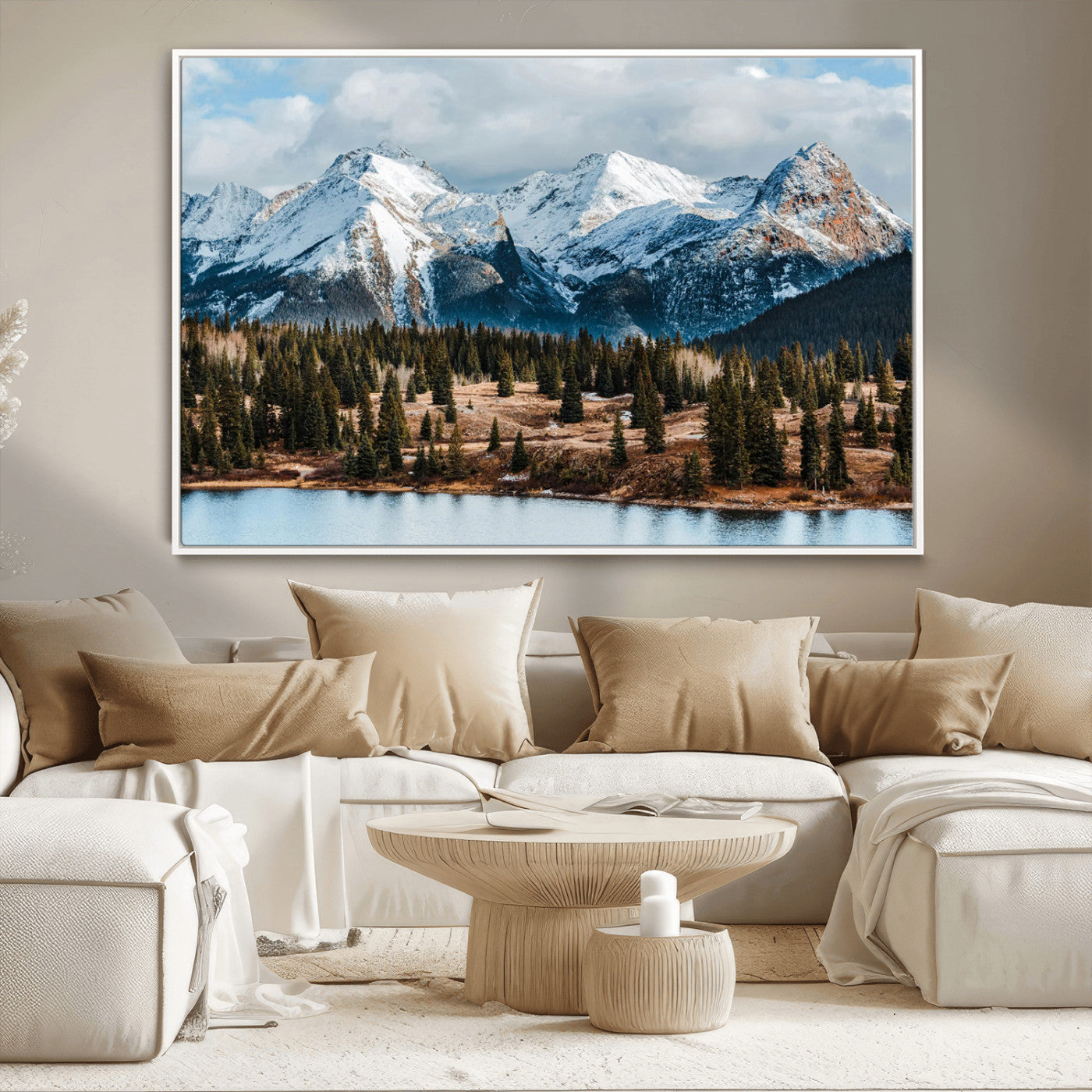 36247746-MGV-CV-36X24-Snowy Peaks Wall Art Canvas Print, Framed Alpine Lake Art Picture Print, Pine Forest Perfect Alpine Wilderness Decor Artwork