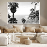 89458520-MGV-FC-36X24_White-Palm Trees Wall Art Canvas Print, Framed Coastal View Art Picture Print, Ocean Horizon Perfect Monochrome Coast Decor Artwork