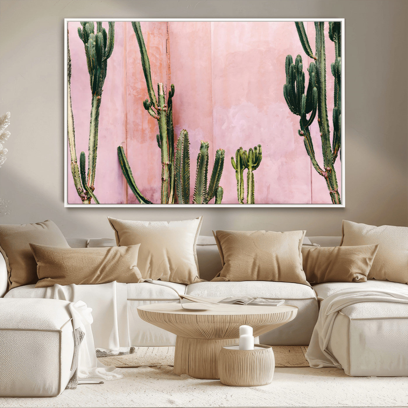 93119502-MGV-CV-36X24-Tall Cactus Wall Art Canvas Print, Framed Pink Wall Art Picture Print, Cactus Lines Perfect Modern Desert Decor Artwork