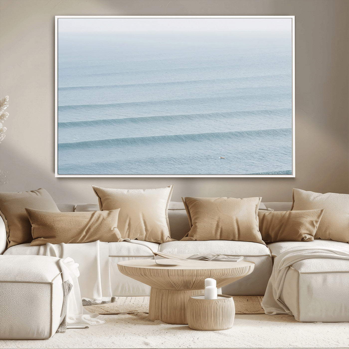 47814787-MGV-CV-36X24-Ocean Waves Wall Art Canvas Print, Framed Solo Surfer Art Picture Print, Wave Lines Perfect Minimalist Ocean Decor Artwork