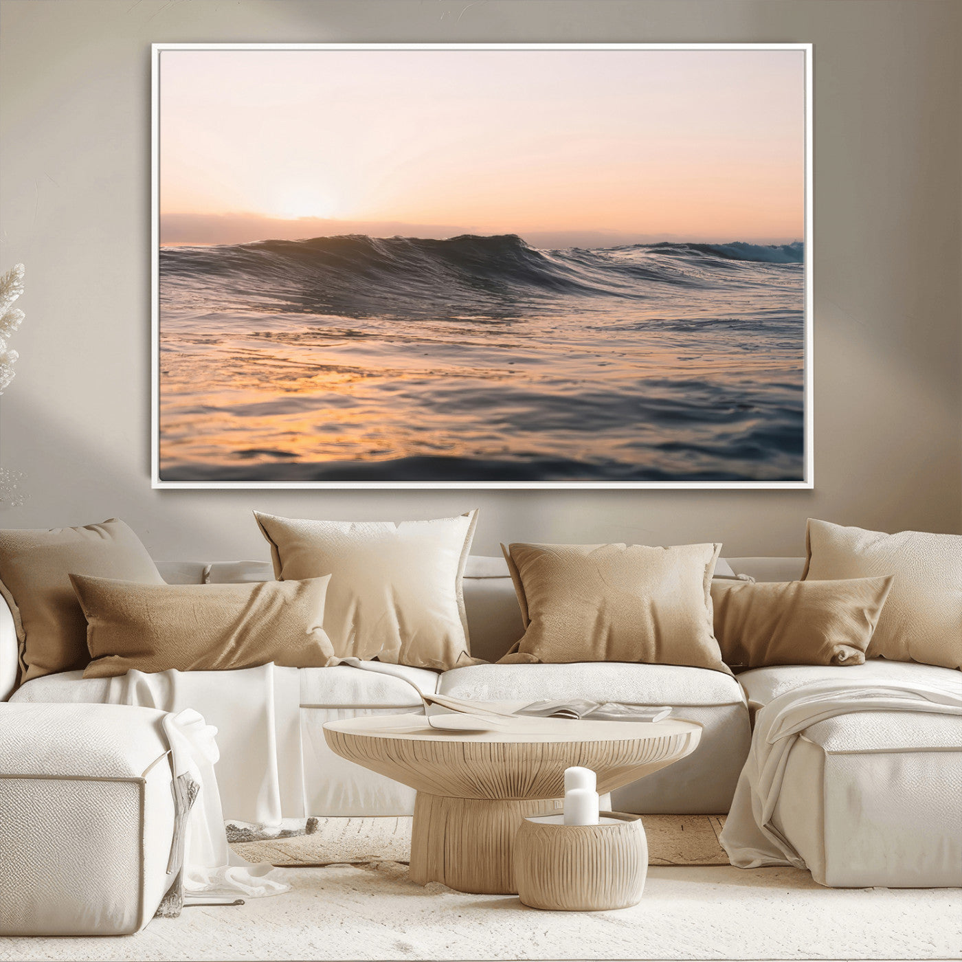 46299358-MGV-CV-36X24-Sunset Waves Wall Art Canvas Print, Framed Ocean Horizon Art Picture Print, Golden Water Perfect Golden Hour Coastal Decor Artwork