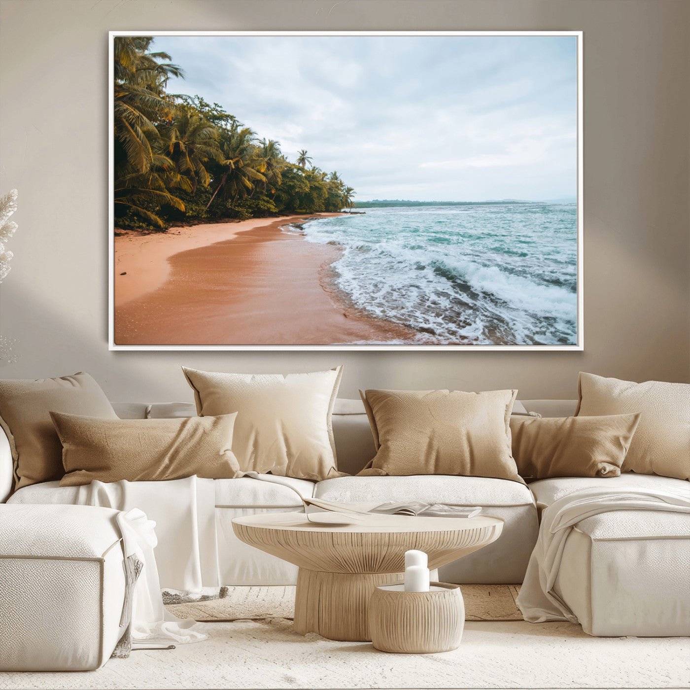 88125882-MGV-CV-36X24-Tropical Shoreline Wall Art Canvas Print, Framed Palm Trees Art Picture Print, Tropical Ocean Perfect Tropical Coastal Decor