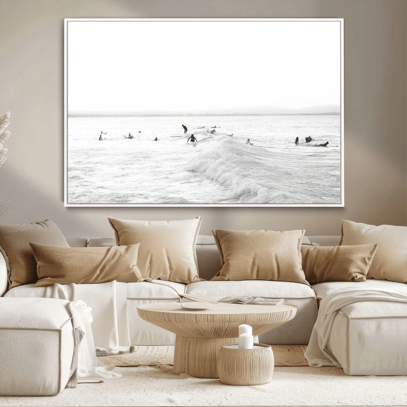 33449548-MGV-CV-36X24-Group Surfers Wall Art Canvas Print, Framed Ocean Wave Art Picture Print, Surf Crowd Perfect Monochrome Surf Decor Artwork