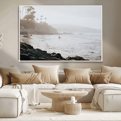 62501405-MGV-CV-36X24-Misty Beach Wall Art Canvas Print, Framed California Surfer Art Picture Print, Coastal Cliff Perfect Coastal Beach Decor Artwork