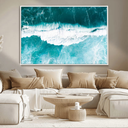 23828594-MGV-CV-36X24-Aerial Waves Wall Art Canvas Print, Framed Ocean Break Art Picture Print, Sea Foam Perfect Tropical Coastal Decor Artwork