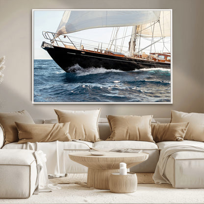 97168626-MGV-CV-36X24-Sailing Yacht Wall Art Canvas Print, Framed Wooden Yacht Art Picture Print, Ocean Waves Perfect Nautical Coastal Decor Artwork