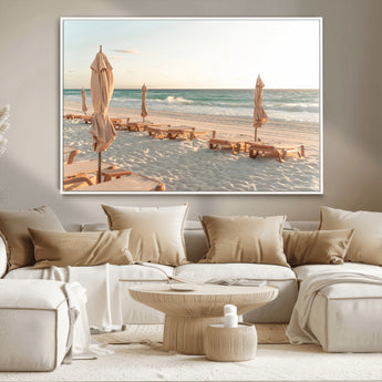58507949-MGV-CV-36X24-Beach Umbrellas Wall Art Canvas Print, Framed Empty Loungers Art Picture Print, Soft Sand Perfect Minimalist Seaside Decor Artwork