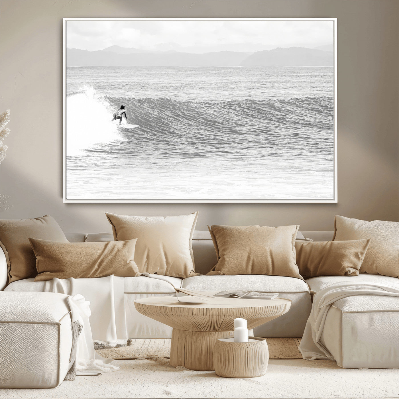 81535128-MGV-CV-36X24-Surfer Woman Wall Art Canvas Print, Framed Black Ocean Art Picture Print, Ocean Surfing Perfect Monochrome Coastal Decor Artwork