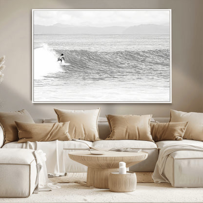 81535128-MGV-CV-36X24-Surfer Woman Wall Art Canvas Print, Framed Black Ocean Art Picture Print, Ocean Surfing Perfect Monochrome Coastal Decor Artwork