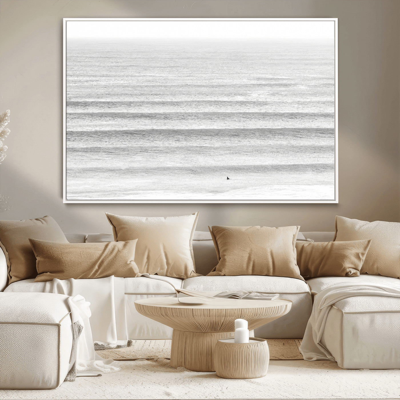 66534476-MGV-CV-36X24-Lone Surfer Wall Art Canvas Print, Framed Ocean Waves Art Picture Print, Minimal Sea Perfect Minimal Coastal Decor Artwork