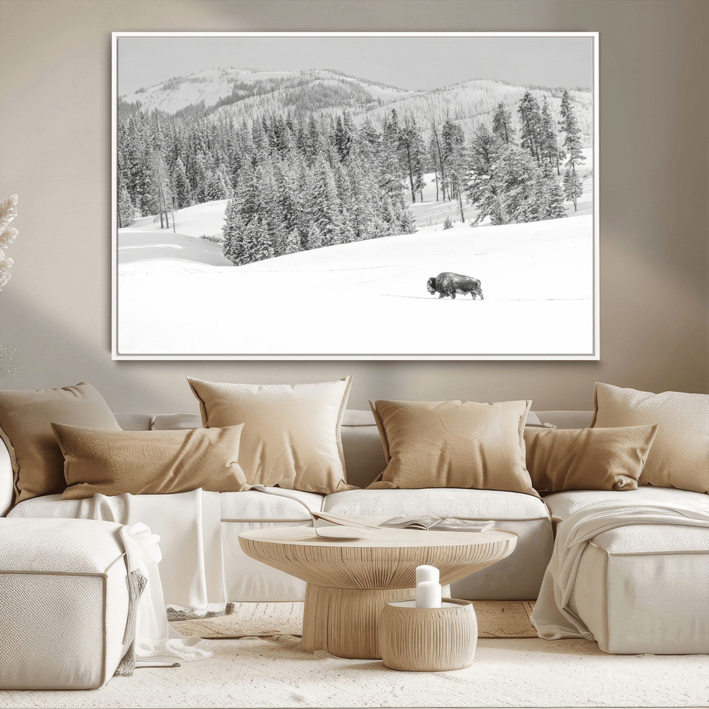 68081143-MGV-CV-36X24-Snowy Bison Wall Art Canvas Print, Framed Winter Forest Art Picture Print, Lone Bison Perfect Monochrome Winter Wild Decor Artwork