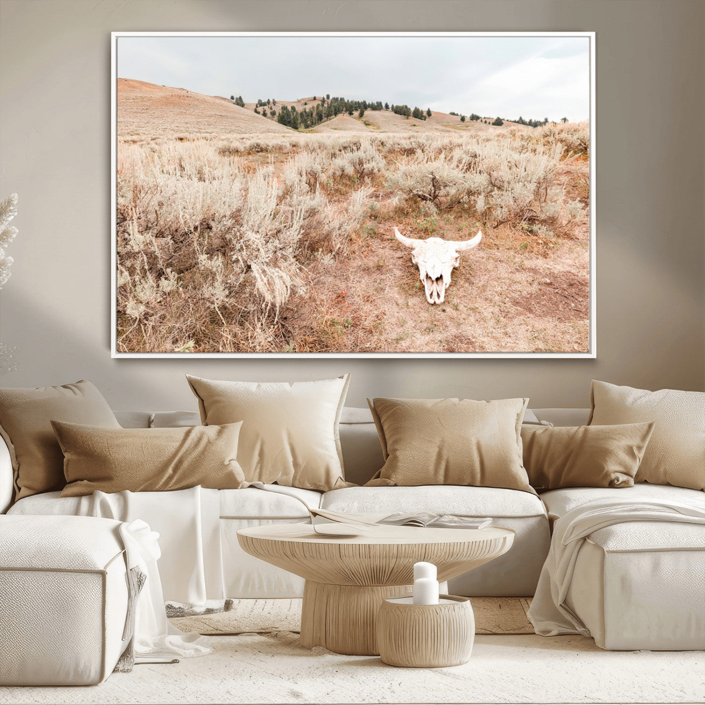 97234735-MGV-CV-36X24-Rustic Bones Wall Art Canvas Print, Framed Desert Sage Art Picture Print, Prairie Skull Perfect Minimal Rustic Decor Artwork