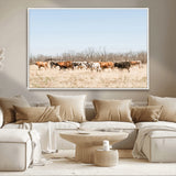 16563092-MGV-CV-36X24-Texas Longhorns Wall Art Canvas Print, Framed Western Cattles Art Picture Print, Rustic Herd Perfect Rustic Farmhouse Decor