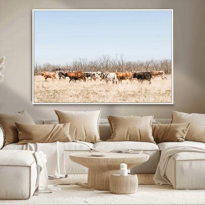 16563092-MGV-CV-36X24-Texas Longhorns Wall Art Canvas Print, Framed Western Cattles Art Picture Print, Rustic Herd Perfect Rustic Farmhouse Decor
