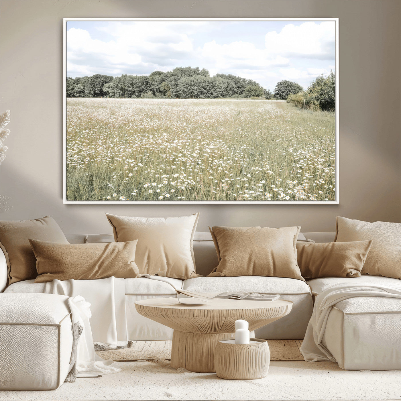 43258946-MGV-CV-36X24-Daisy Field Wall Art Canvas Print, Framed Pastel Flower Art Picture Print, Meadow Bloom Perfect Scandinavian Minimalist Decor