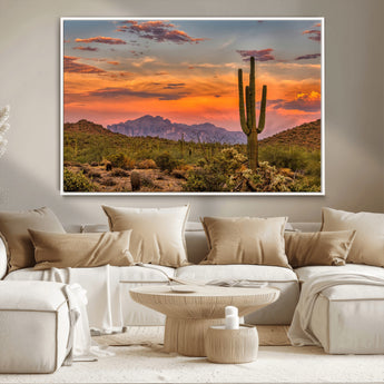25332783-MGV-CV-36X24-Saguaro Cactus Wall Art Canvas Print, Framed Arizona Sunset Art Picture Print, Sonoran Desert Perfect Southwestern Boho Decor
