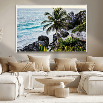 94669907-MGV-CV-36X24-Tropical Coastline Wall Art Canvas Print, Framed Palm Tree Art Picture Print, Rocky Beach Perfect Tropical Coastal Decor Artwork