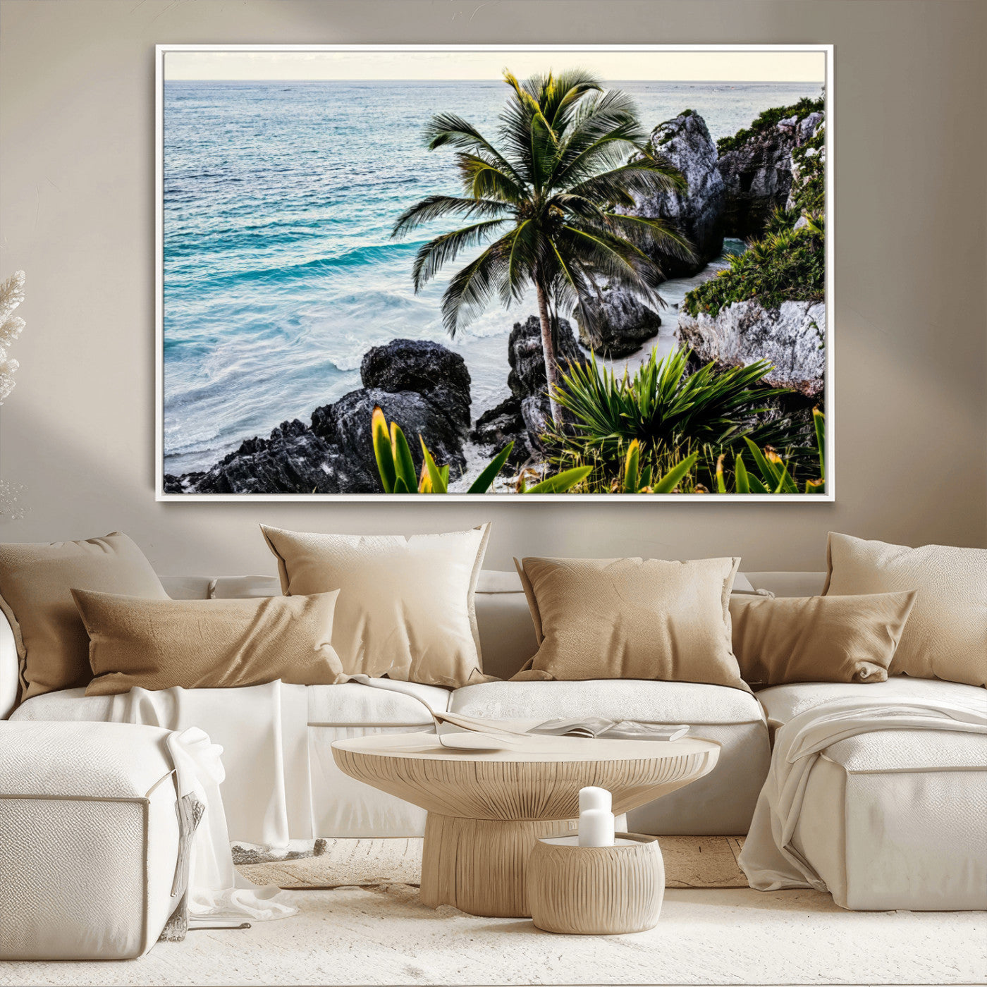 94669907-MGV-CV-36X24-Tropical Coastline Wall Art Canvas Print, Framed Palm Tree Art Picture Print, Rocky Beach Perfect Tropical Coastal Decor Artwork